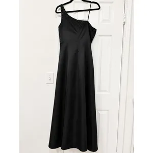 Jovani Asymmetric One Shoulder Black Satin Beaded Prom Evening Gown Slit thumbnail 6
