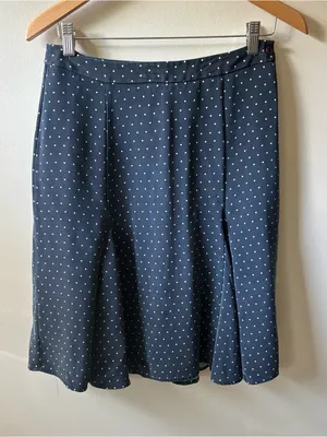 100% Silk Polka Dot Navy Midi Skirt Blue Size M thumbnail 1