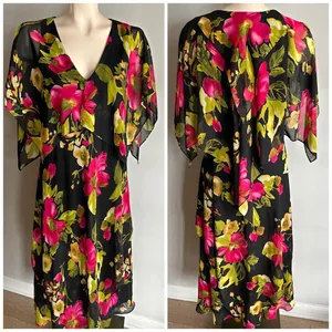 Vicky Tiel Black Floral Chiffon Midi Dress Flutter Sleeve Wedding Guest M thumbnail 2
