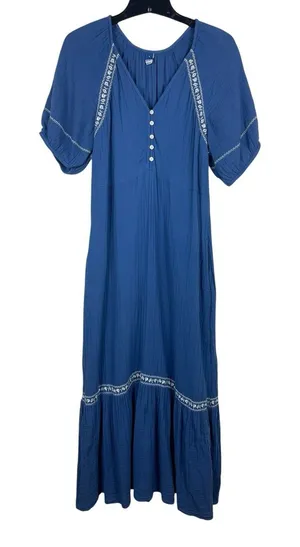 Old Navy Blue Gauze Midi Maxi Dress Boho Peasant Cottagecore Embroidered S thumbnail 1