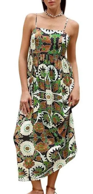 Cupshe Green Floral Print Cami Maxi Dress Medium thumbnail 1