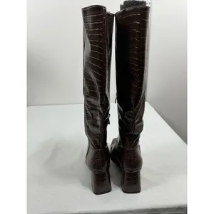 Womans Suedi Knee High Boots Brown Croc Faux Leather 8 Block Heel 1/2 Zip NWOT thumbnail 4