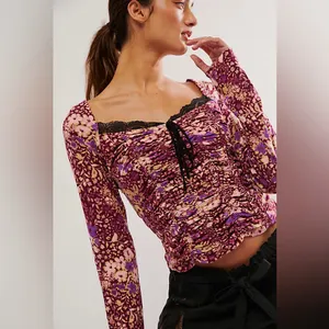 Free People Boho Sweetheart Feminine Purple Floral Long Sleeve Top NWT Medium thumbnail 2