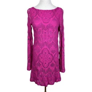 Nightcap Mini Dress Large Pink‎ Lace Open Back Bell Sleeve Boho Boatneck New NWT thumbnail 3
