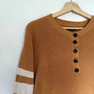American Eagle mustard‎ yellow white arm stripes knit sweater women's size small thumbnail 2