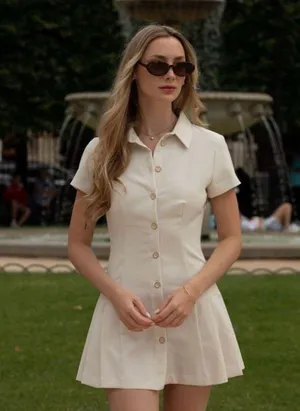 Zara mini dress pleated skirt collar button up ivory casual classic old money thumbnail 12