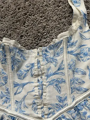 For Love & Lemons White and Blue Maisie Linen Floral Brocade Corset Mini Dress thumbnail 4