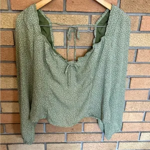 Abercrombie & Fitch Green Floral Smocked Ruffle Tie Blouse Size Large thumbnail 3