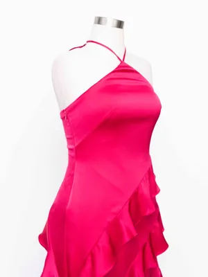 Adrianna Papell - Halter-Neck Ruffled Satin High-Low Gown thumbnail 8