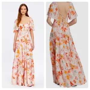 NEW Tanya Taylor Floral Silk Maxi Dress Pink thumbnail 2