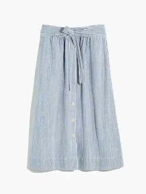 Madewell Tie Palisade Button-Front Midi Skirt in Pilar Stripe Blue White Size 8 thumbnail 4
