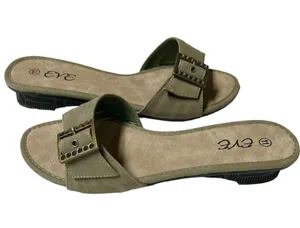 Eve Buckle Sandal Slides Low Heel Khaki Color Size 11 thumbnail 1