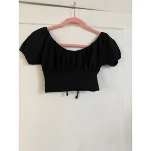 American Eagle Black Puff Sleeve Tie‎ Front Smocked Crop Top XS Cottagecore thumbnail 4