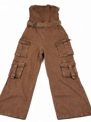Fourteen Twelve Strapless Cargo Jumpsuit M Brown Belted Wide Leg Utility Y2K thumbnail 1