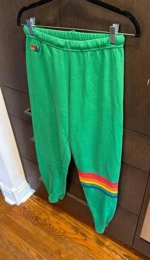 Aviator Nation 5 stripe sweatpants featuring a rainbow stripe green women's S thumbnail 1