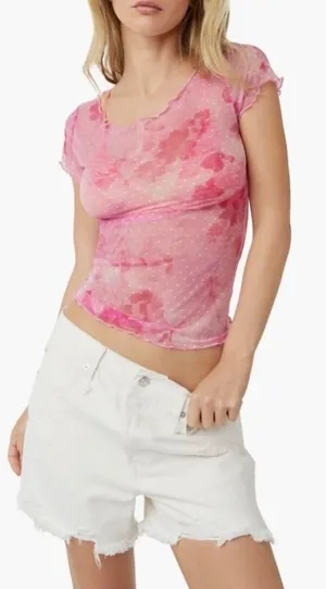 Free People Women On‎ The Dot Mesh Top Small Pink Floral Sheer Lettuce Baby Tee thumbnail 1