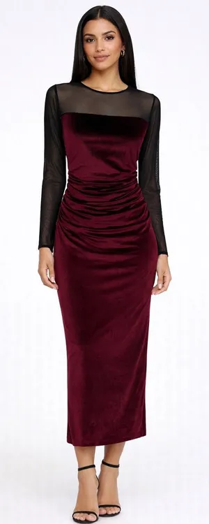New! Amanda Uprichard Burgundy Velvet‎ Mesh Midi Dress Ruched Long Sleeve Small thumbnail 1