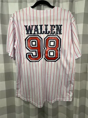 98’ Braves wallen 98White Button Baseball Jersey with Red Pinstripes thumbnail 4