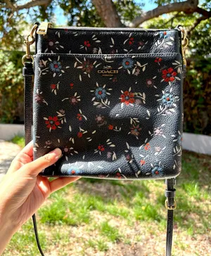 Coach Leather Crossbody Messenger Bag Blue Color With Floral Print Long Strap thumbnail 1
