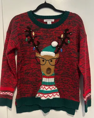 99 Jane Street Sweater Small Reindeer Glasses Bells Sequins Ugly Christmas thumbnail 1