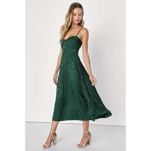 NWT Lulus Regal Romance Emerald Floral Jacquard Pleated Satin Midi Dress Size XL thumbnail 8