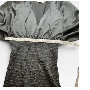 Karlie Black Satin Smocked V-Neck Mini Dress Lantern Sleeve Ruffle Hem thumbnail 6
