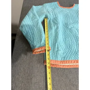 Handmade Women's Quilt Crewneck Light Blue With Coral Trim Sz M Cottage Core thumbnail 4