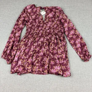 Free People Dress Womens Small Purple Floral Smocked Fit Flare Mini Long Sleeve‎ thumbnail 11
