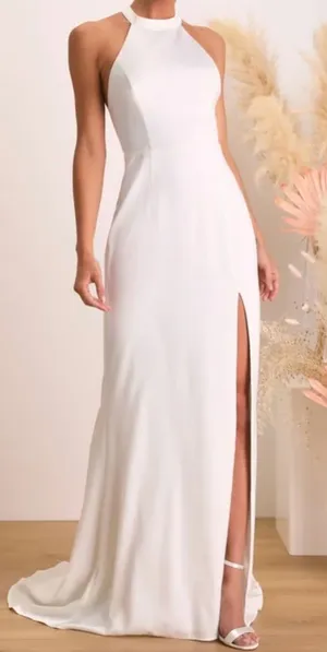 Lulu's White Satin Lace Backless Wedding Gown Dress Small thumbnail 1