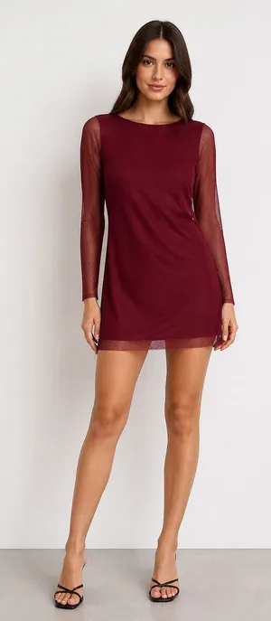 RIHOAS Women's Burgundy Mesh Bell Sleeve Mini Dress Size S NWT thumbnail 1