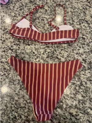 Red and cream stripped bikini set thumbnail 2