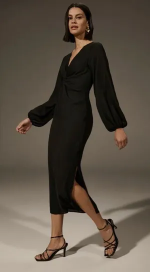 Revolve Krisa Long Sleeve Deep V Neck MIDI Black Dress thumbnail 1