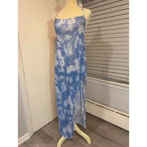 Blue Cloud Print Halter Swim Cover Up Maxi Dress Beach Resort Side Slit thumbnail 6