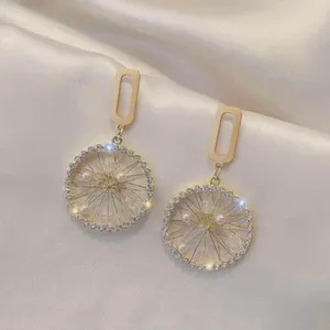 Women's Crystal Pearl Gold Wheel Dangle Drop Earrings thumbnail 1