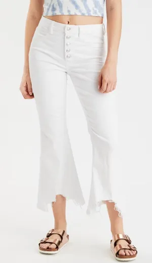 American Eagle Super Hi Rise Crop Flare Chewed Hem Jeans White 29 Short thumbnail 1