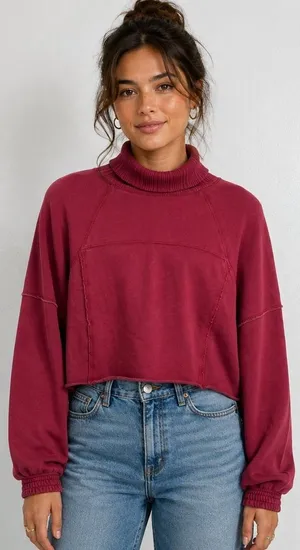 Aerie New Heights Cropped‎ Turtleneck Sweatshirt Burgundy Exposed Seam Raw Hem M thumbnail 1