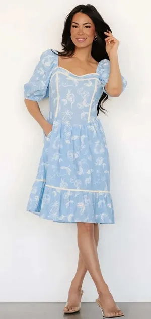 Baltic Born Ember Sweetheart Midi Dress Small S Blue Lemon‎ Floral Puff Sleeve thumbnail 1