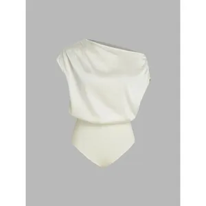 Cider Beige Satin Asymmetrical Neck Ruched Bodysuit Size XS thumbnail 4