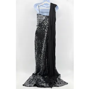 Badgley Mischka Gown Womens 4 Silver Black Excellent Sequin One Shoulder Formal thumbnail 5