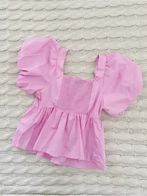 Old Navy Pink Puff Sleeve Square Neck Peplum Blouse thumbnail 3