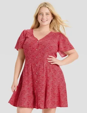 Universal Thread Red White Stars Short Sleeve Button Front Mini Dress Size L thumbnail 1
