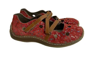 Rieker Red Polka Dot Suede Mary Jane Flats Crisscross Strap Ankle Size 7 Women's thumbnail 1