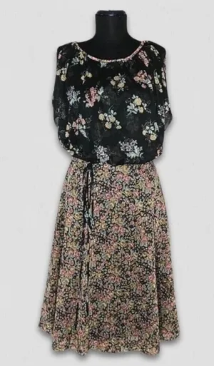 Vintage 80s Floral Full Swing Dress Black Boho Medium thumbnail 1