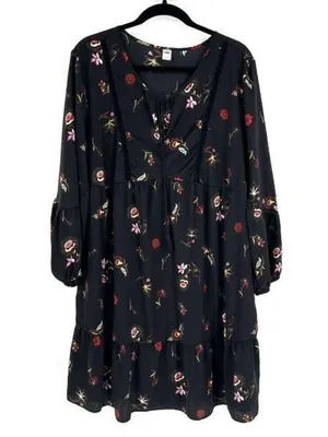 Old Navy Womens Floral Long Sleeve Velvet Trim Peasant Swing Dress Black Size XL thumbnail 1