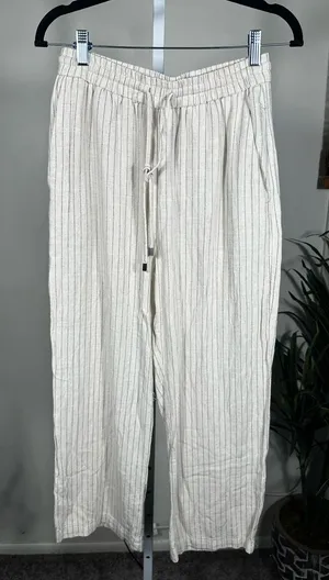 J89. Zara linen blend pinstripe drawstring wide leg pants cream and black thumbnail 1