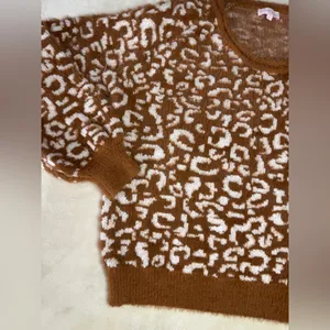 Pink Lily Brown and Cream Crew Neck Sweater with Geometric Pattern thumbnail 4