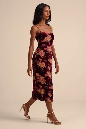 New Lulus Erisa Burgundy Velvet Floral Burnout Midi Dress Size Medium MSRP $88 thumbnail 4