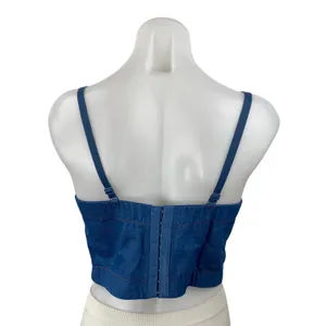 Women's Blue Fringe Rhinestone Corset Bustier Sleeveless Denim Crop Top Size 8 thumbnail 4