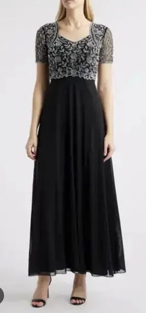 Pisarro Night Short Sleeve Long Beaded Gown Black Sz 10 NEW READ thumbnail 1