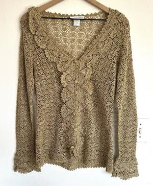 Vintage Y2K Crochet Silk Cotton Newport News Top M Sheer Ruffle Regency Fairy thumbnail 1
